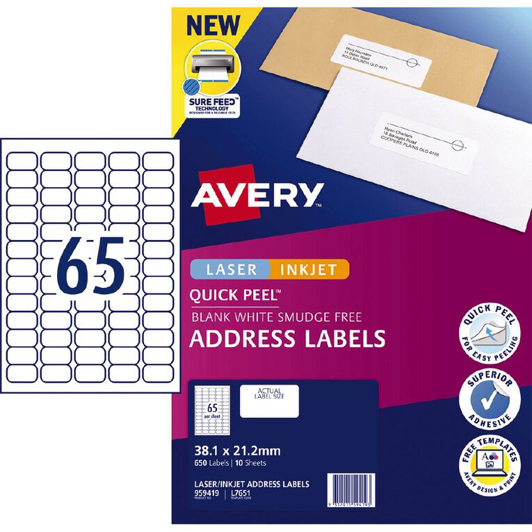 Avery Quick Peel Address Labels Sure Feed Laser&Inkjet Printers | The Warehouse