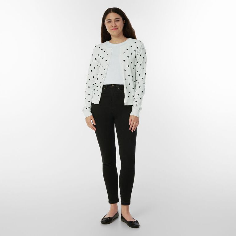 H&H Women's Print Crew Cardigan, White/Black, hi-res