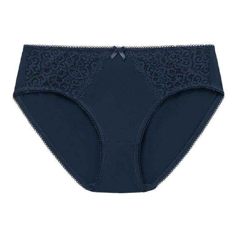 H&H Women's Bella Plain & Lace Bikini Briefs, Blue Dark, hi-res