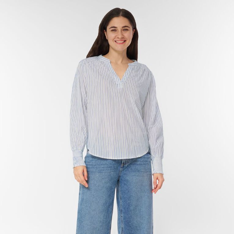 H&H Women's Long Sleeve Shirred Shoulder Top, Blue Mid, hi-res