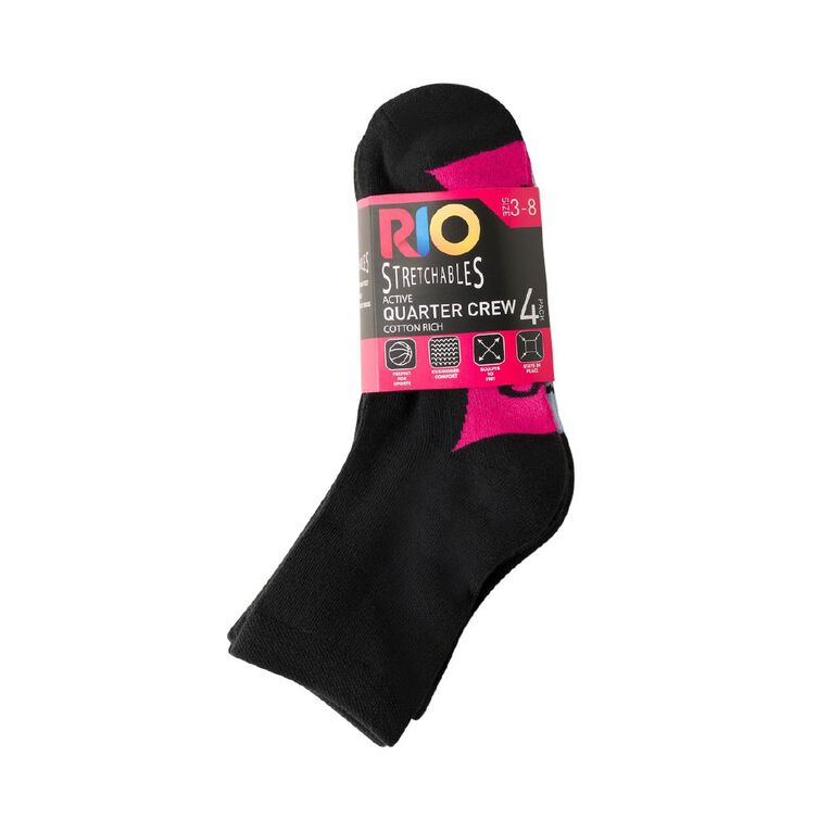 Rio Women's Quarter Crew Stretchable Socks 4 Pack, Black, hi-res