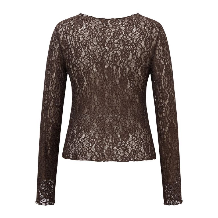 BRDRLESS Lexi Lace Long Sleeve Top, Brown, hi-res