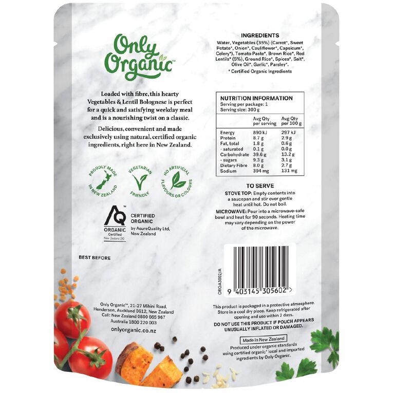 Only Organic Vegetable & Lentil Bolognese Meal 300g, , hi-res