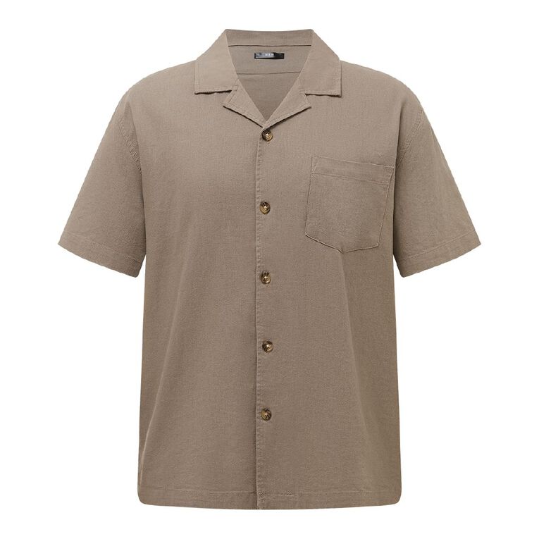 H&H Men's Short Sleeve Cotton Linen Shirt, Brown Mid, hi-res