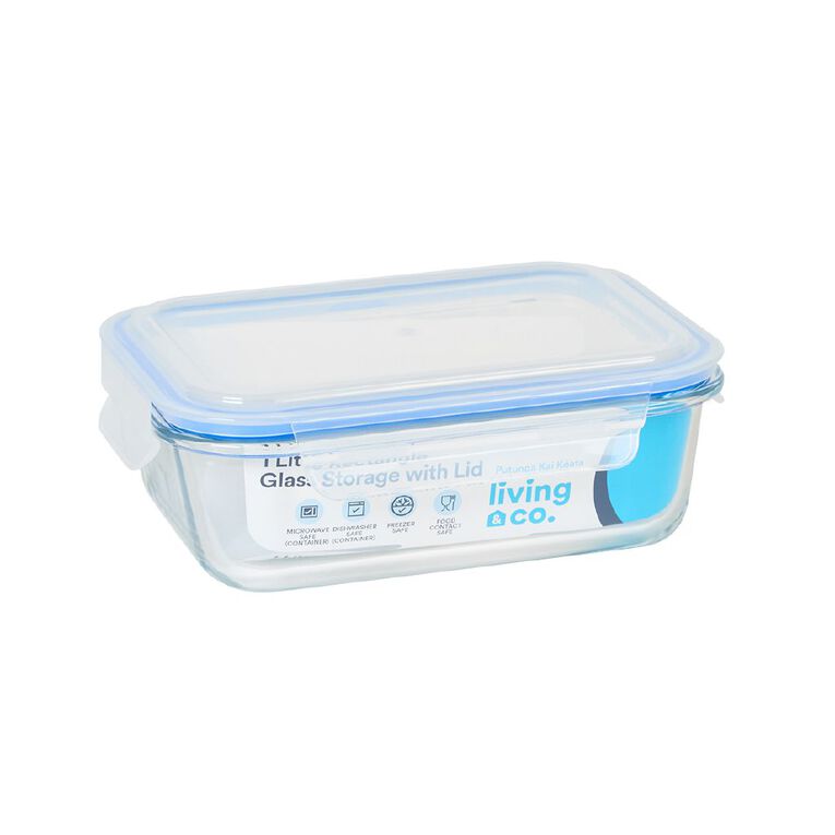 Living & Co Rectangle Glass Storage With Clip On Lid 1 Ltr Clear, , hi-res