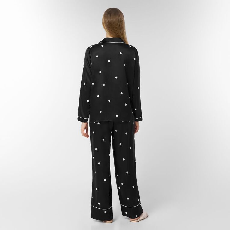 H&H Women's Satin Button Up Pyjama Set, Black, hi-res