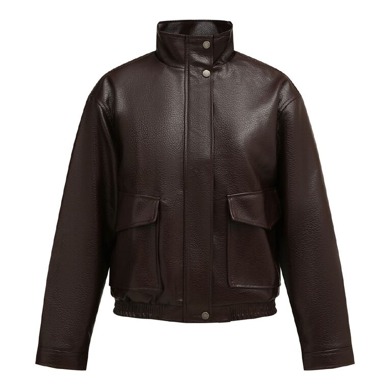 H&H Women's Women's PU Funnel Neck Bomber Jacket, Brown Dark, hi-res