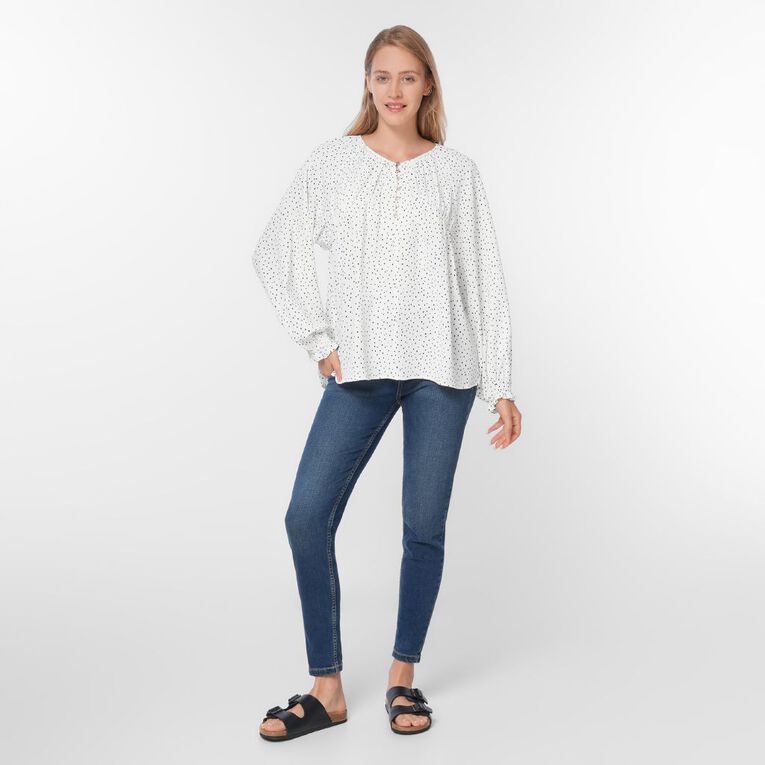 H&H Women's Long Sleeve Gather Detail Blouse, White/Black, hi-res