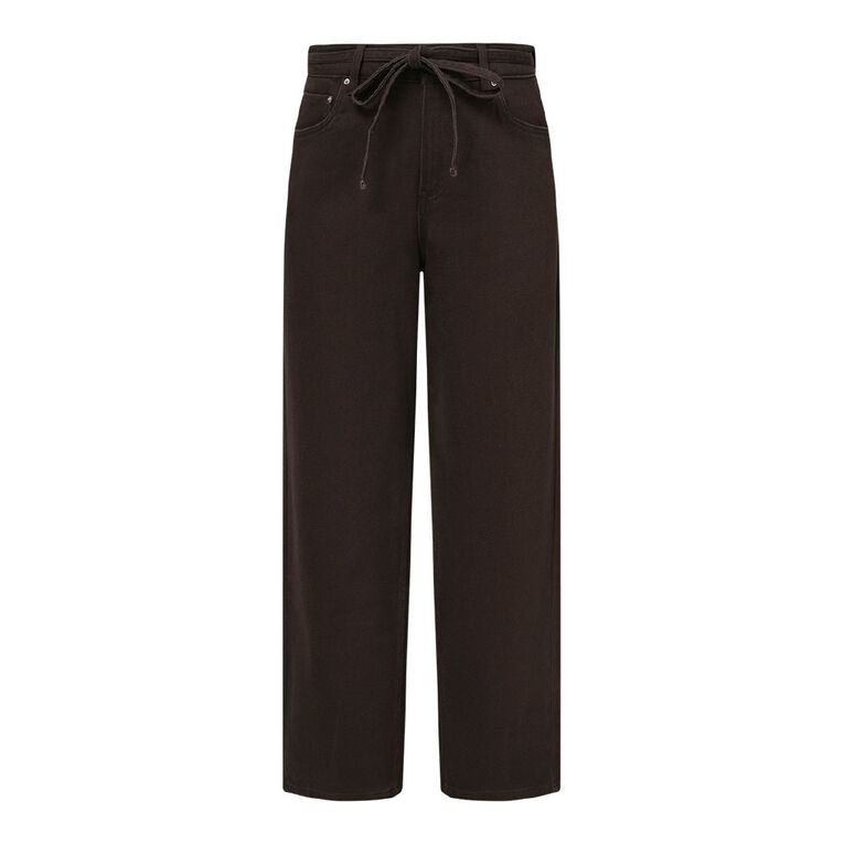 H&H Women's Mid Rise Belted Barrel Leg Jeans, Brown Dark, hi-res