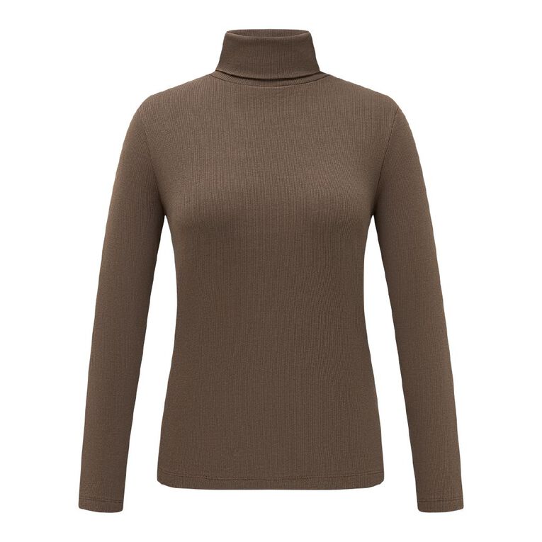 H&H Women's Long Sleeve Classic Rib Skivvy, Brown Mid, hi-res