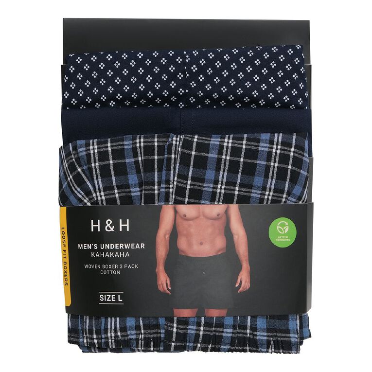 H&H Men's Woven Boxer 3 Pack, Black/Blue, hi-res