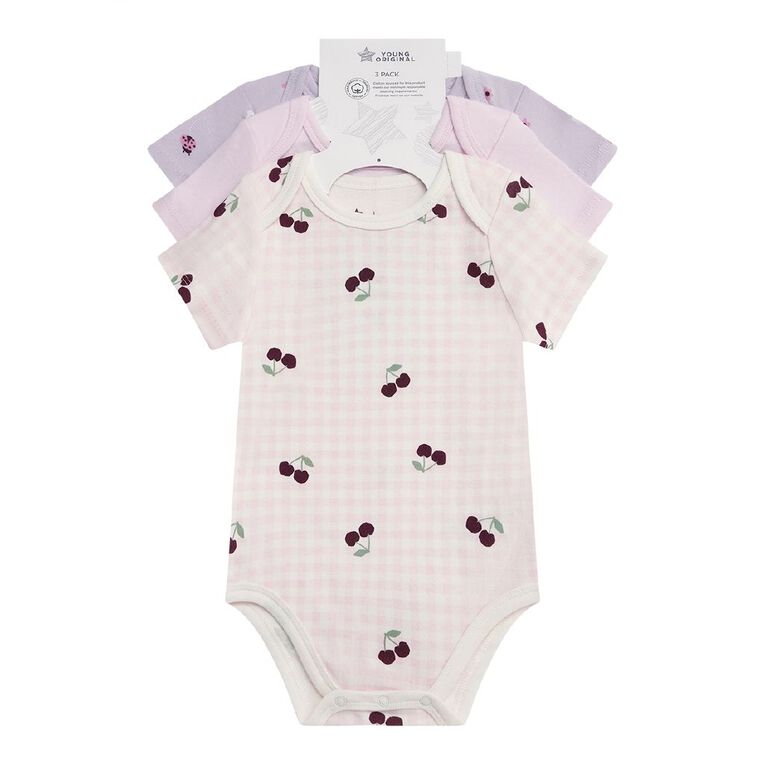 Young Original Babies' Short Sleeve Printed Bodysuit 3 Pack, Pink Light, hi-res