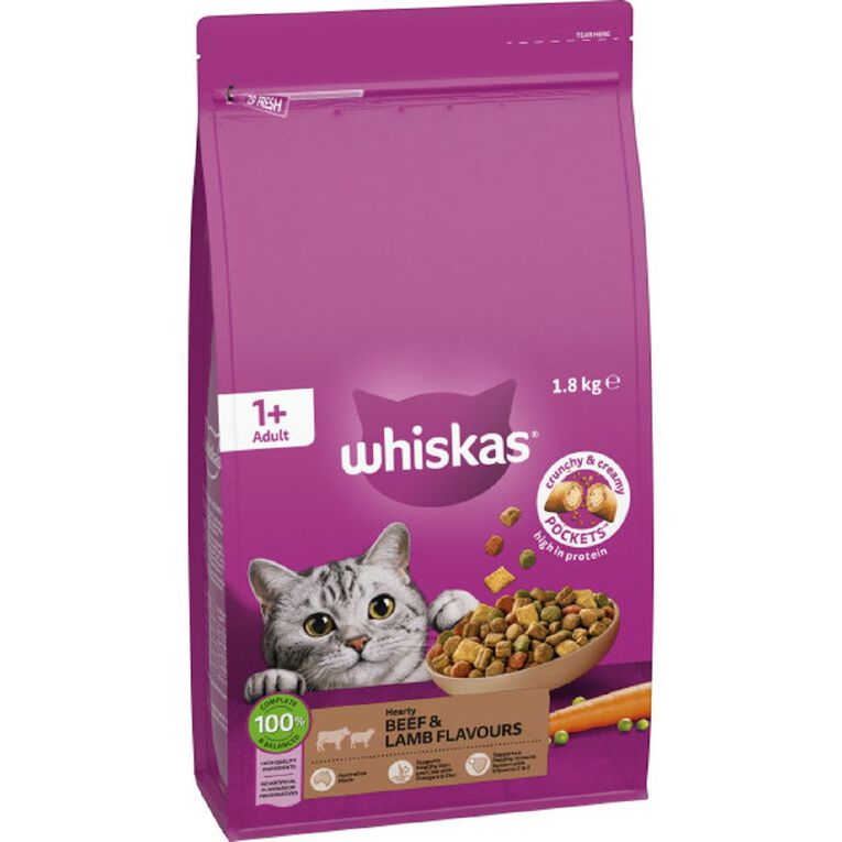Whiskas Adult Dry Cat Food Beef & Lamb Bag 1.8kg, , hi-res