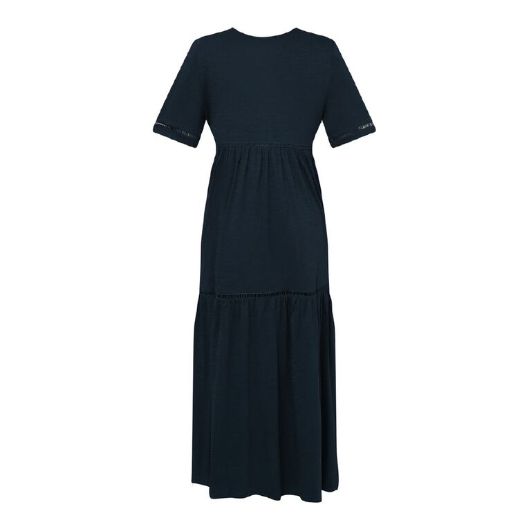 H&H Women's Crew Neck Slub Tiered Midi Dress with Lace Trim, Navy, hi-res