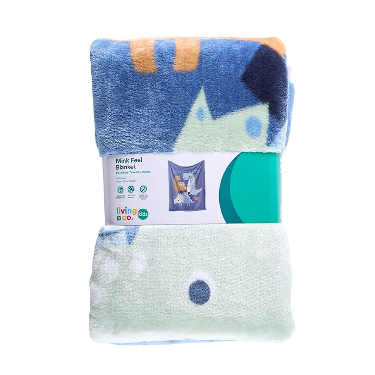 Living & Co Kids Mink Feel Blanket Dinosaur Blue King Single, , hi-res