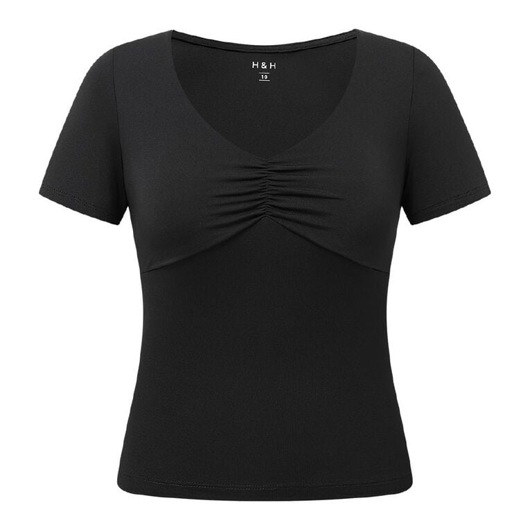 H&H Women's Short Sleeve Contour Print Scoop Neck Top, Black, hi-res