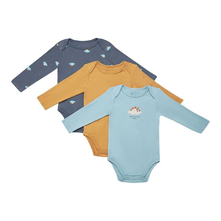 Young Original Babies' Long Sleeve Printed Bodysuit 3 Pack, Blue Light DINO, hi-res