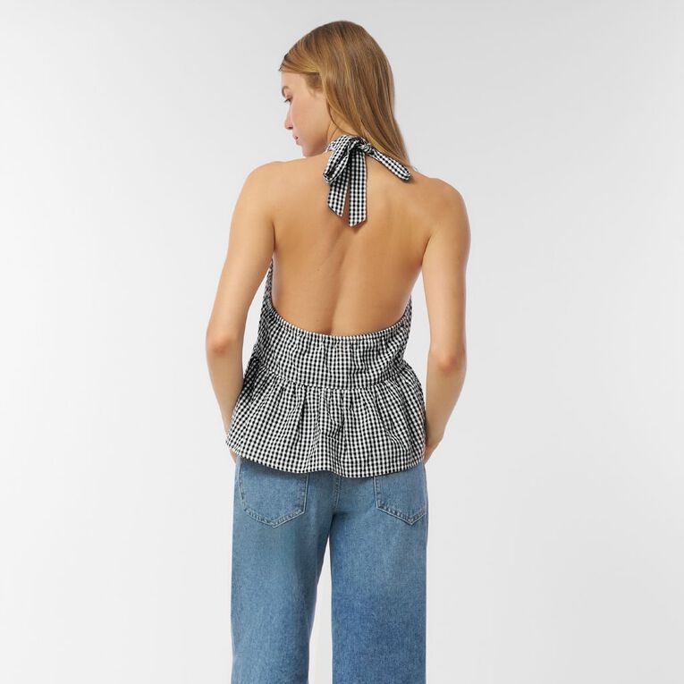 H&H Women's Tie Frill Halter Top, Black/White, hi-res