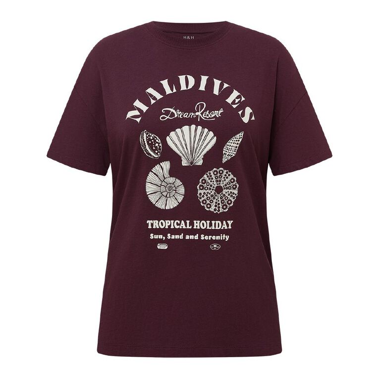 H&H Women's Short Sleeve Boyfriend Graphic Tee, Purple Dark, hi-res