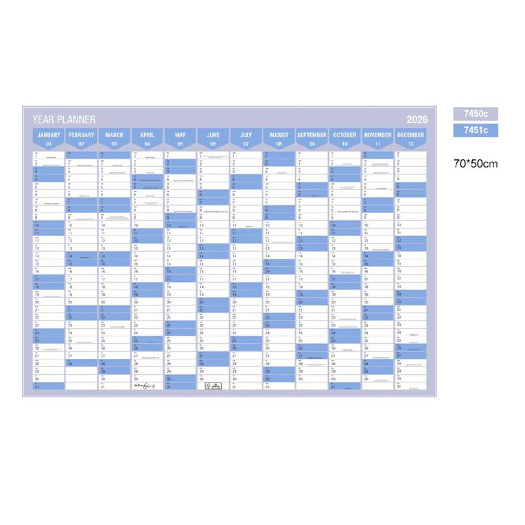 WS 2026 Wall Planner Laminated 750mm x 500mm Blue, , hi-res