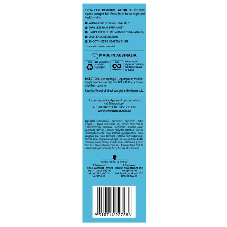 Schwarzkopf Extra Care Restoring Argan Oil 100ml, , hi-res