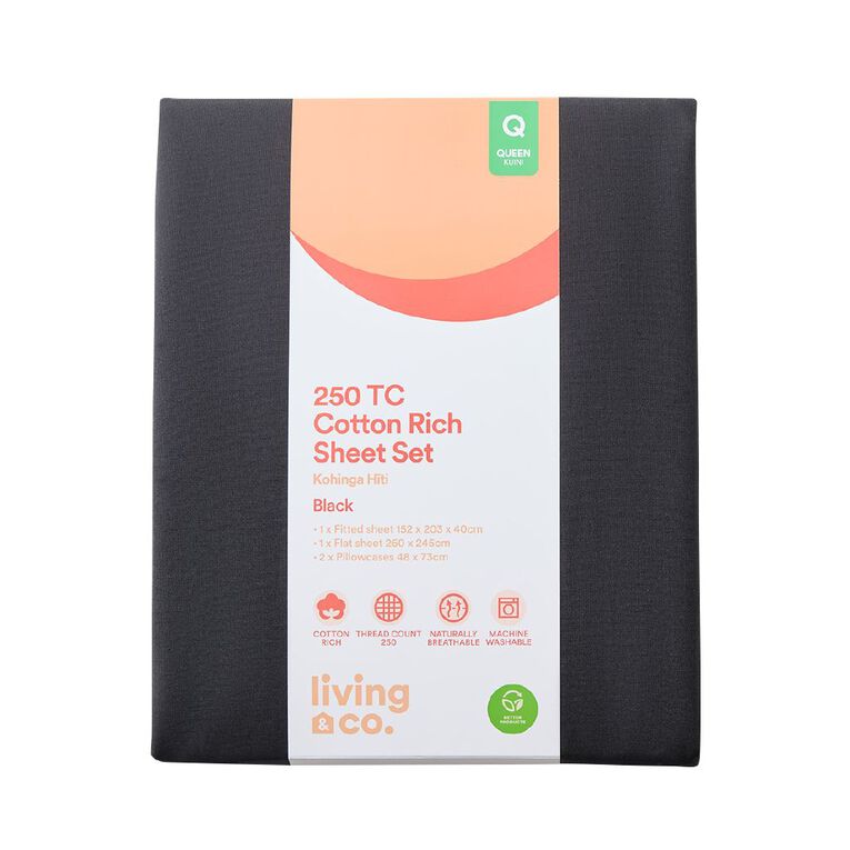 Living & Co Cotton Rich Sheet Set Black King, Black, hi-res