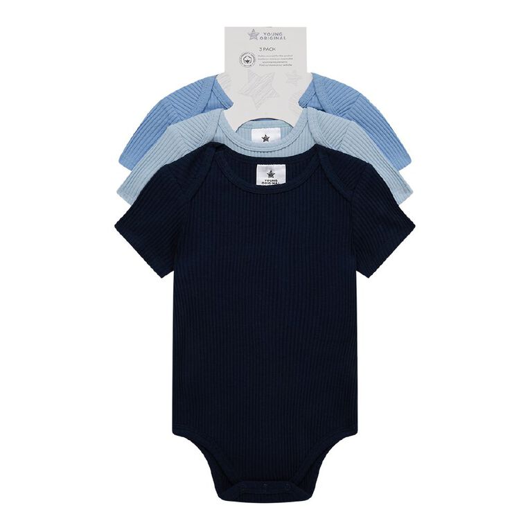Young Original Babies' Short Sleeve Rib Bodysuit 3 Pack, Blue Light, hi-res