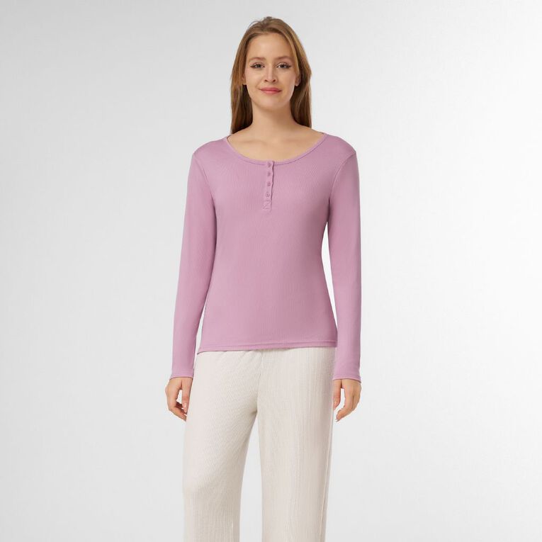 H&H Women's Henley Rib Pyjama Top, Purple Mid, hi-res