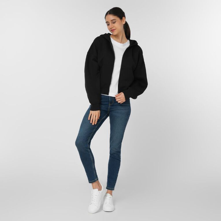 H&H Women's Zip Thru Cropped Scuba Hoodie, Black, hi-res