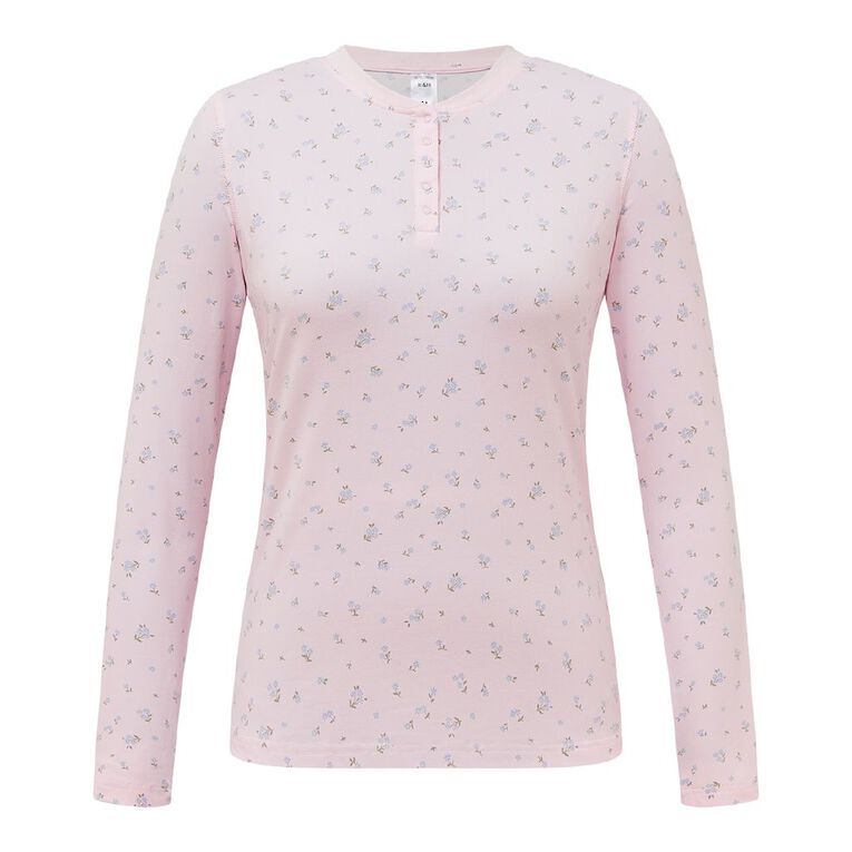 H&H Women's Comfy Henley Pyjama Top, Pink Light, hi-res