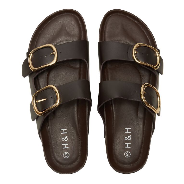 H&H Women's Ada Double Buckle Slides, Brown, hi-res