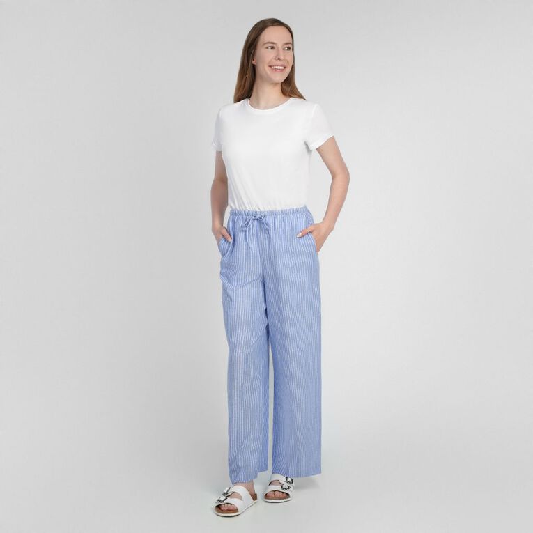 H&H Women's Tie Waist Linen Blend Pants, Blue Mid, hi-res