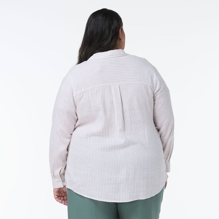 H&H Women's Long Sleeve Essential Linen Blend Shirt, Brown Light DOE STRIPE, hi-res