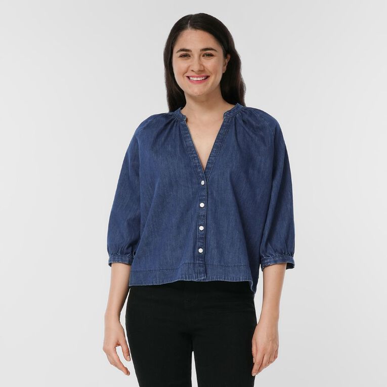 H&H Women's V-Neck Denim Shirt, Denim Mid, hi-res