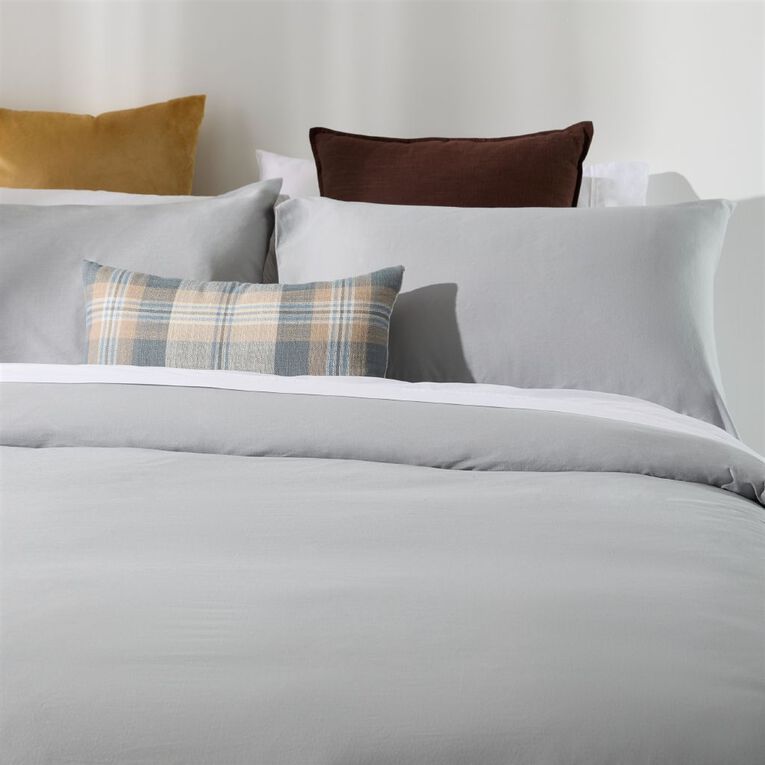 Living & Co Duvet Cover Set Washed Cotton Grey King Single, Grey, hi-res