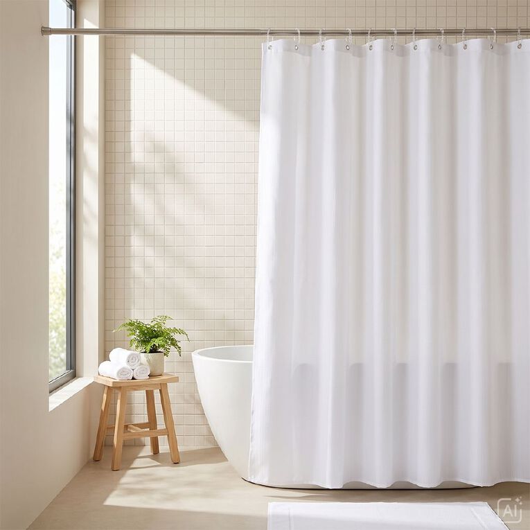 Living & Co Shower Curtain Plain Slub White 180cm x 180cm, , hi-res