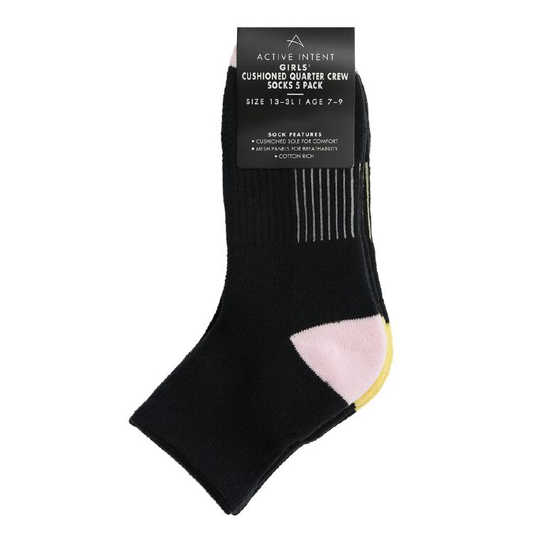 Active Intent Girls' Cushioned Quarter Crew Socks 5 Pack, Black, hi-res