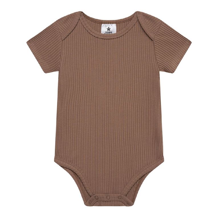 Young Original Babies' Short Sleeve Rib Bodysuit 3 Pack, Brown Light, hi-res