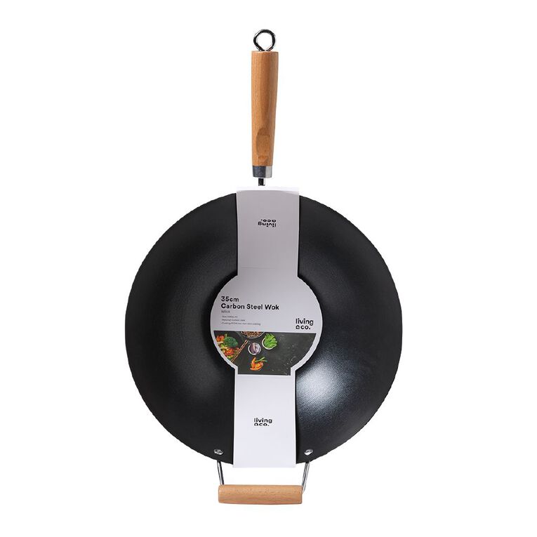 Living & Co Non Stick Wok with Wooden Handle Black 35cm, , hi-res