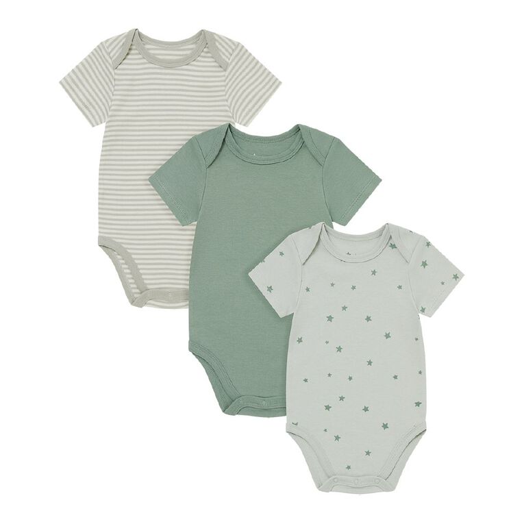 Young Original Baby Short Sleeve Printed Bodysuit 3 Pack, Green Light, hi-res