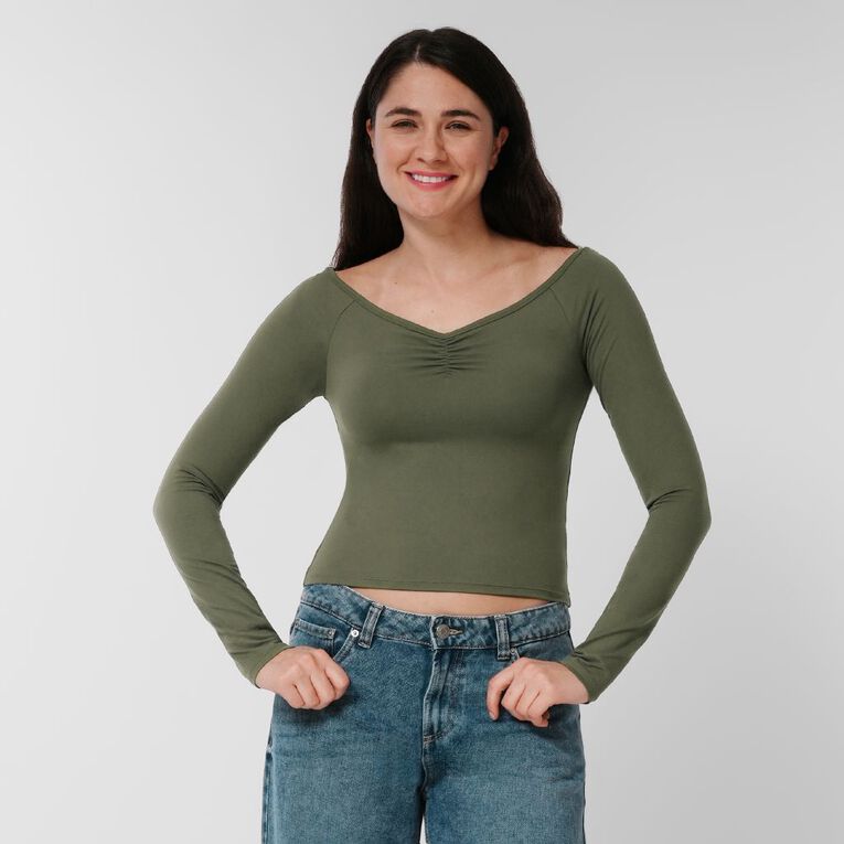 H&H Women's Contour Sweetheart Off Shoulder Top, Green Dark, hi-res