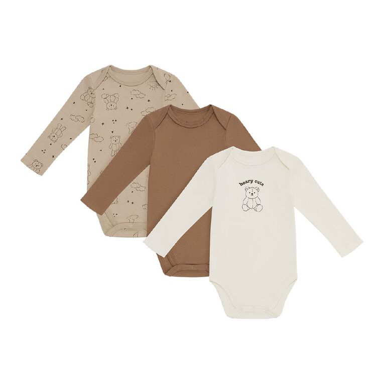 Young Original Babies' Long Sleeve Printed Bodysuit 3 Pack, Cream TEDDY, hi-res