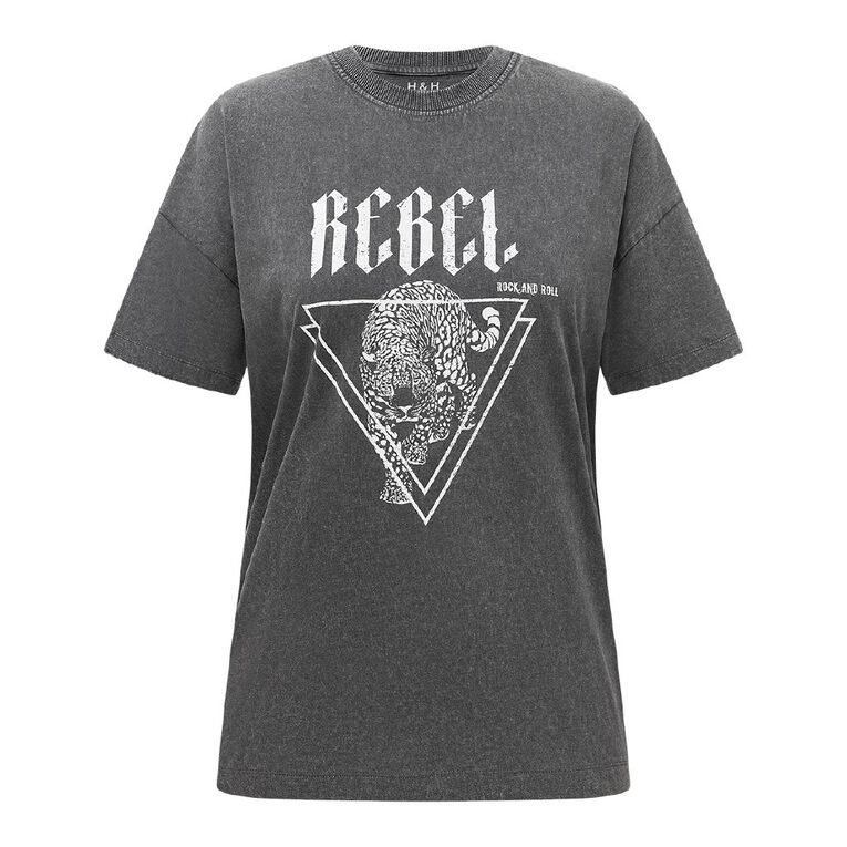 H&H Women's Short Sleeve Boyfriend Graphic Tee, Grey Dark EBONY, hi-res