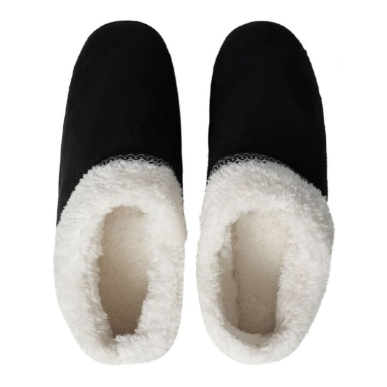 H&H Men's Faux Fur Trim Slippers, Black/White, hi-res
