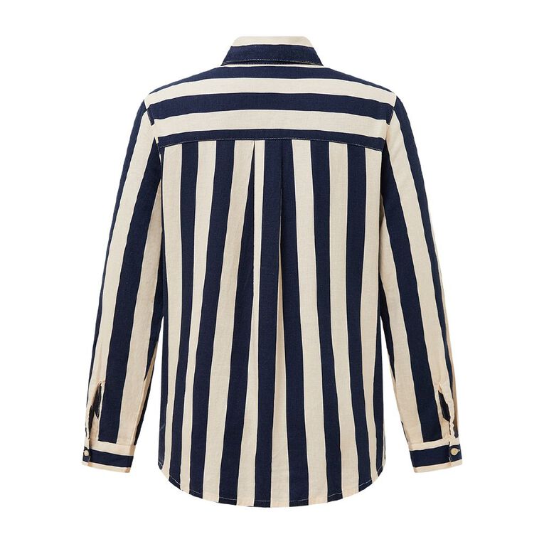 H&H Women's Long Sleeve Essential Linen Blend Shirt, Navy/White, hi-res