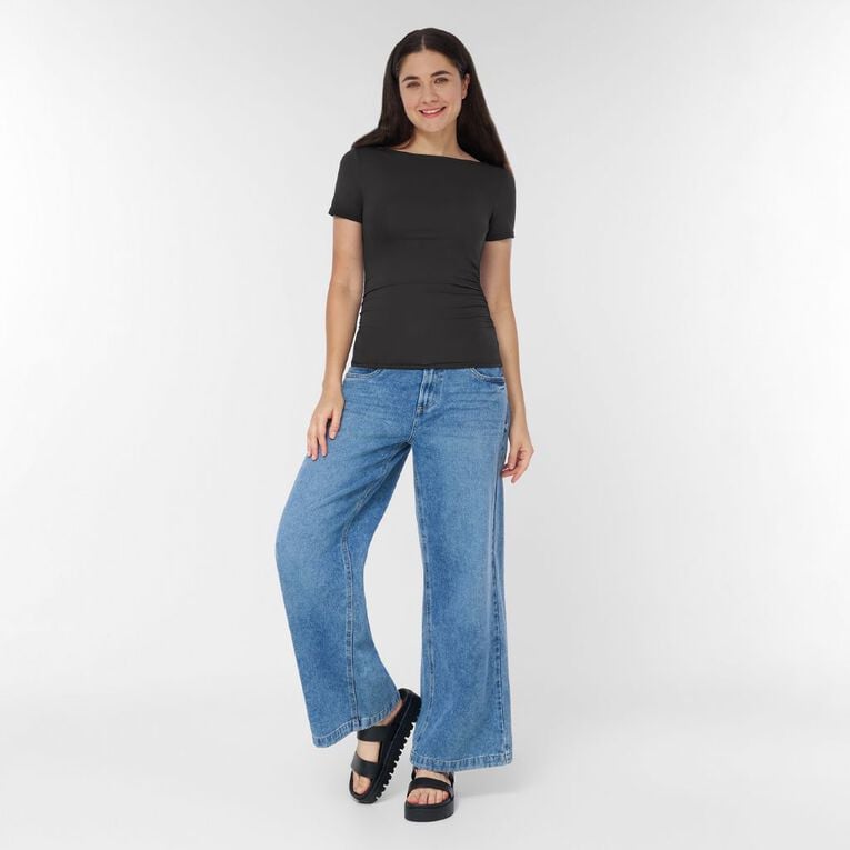 H&H Women's Short Sleeve Contour Print Boat Neck Top, Grey Dark, hi-res