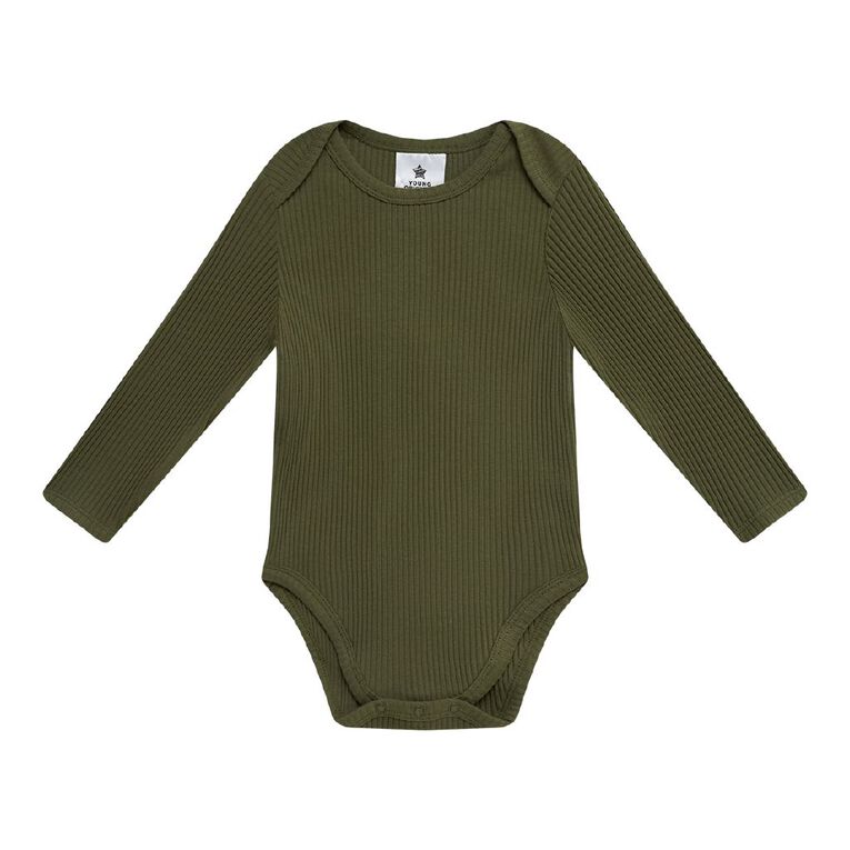 Young Original Babies' Long Sleeve Rib Bodysuit 3 Pack, Green Dark, hi-res