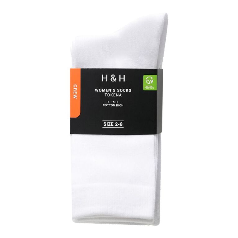 H&H Women's Plain Crew Socks 5 Pack, White, hi-res