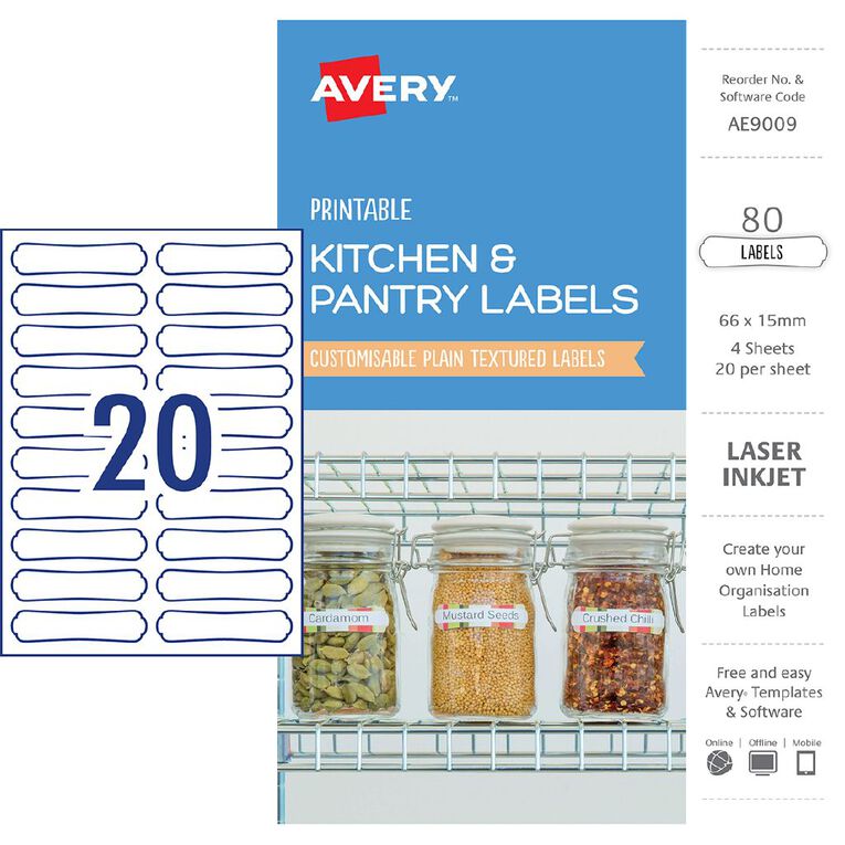 Avery Printable Kitchen & Pantry Labels 66mm x 15mm 80 Labels, , hi-res