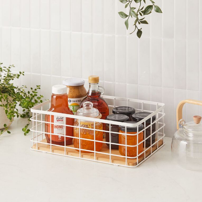 Living & Co Metal Basket with Bamboo Base White, , hi-res